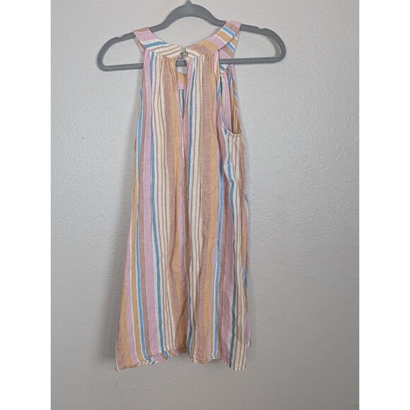 C&C California Linen Halter Dress S Sleeveless Pastel Stripe Keyhole Mini 223 - Picture 3 of 8